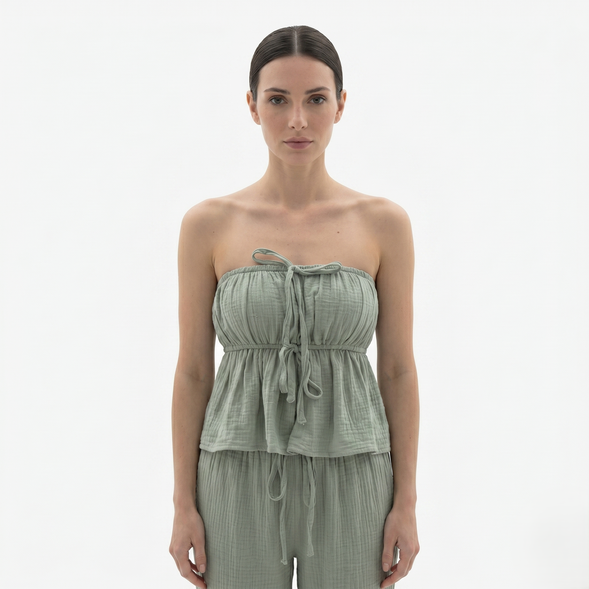 Oldevaine | Two-Piece Strapless Top and Wide-Leg Pants Set