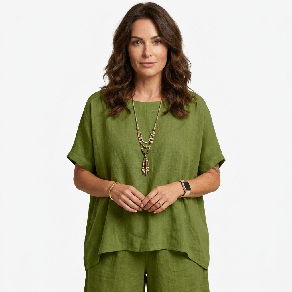 Oldevaine | Two Piece High-Low Hem Top and Linen Blend Shorts Set