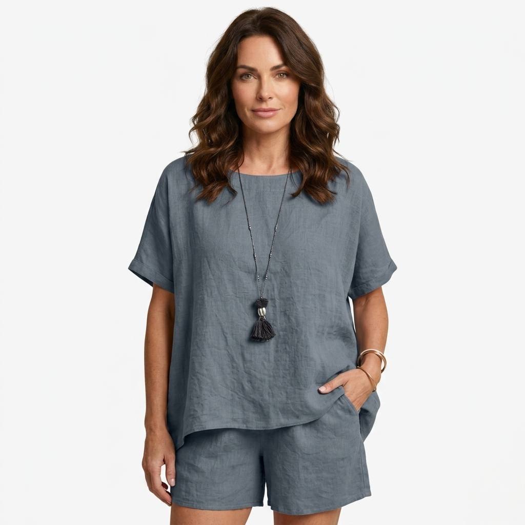 Oldevaine | Two Piece High-Low Hem Top and Linen Blend Shorts Set