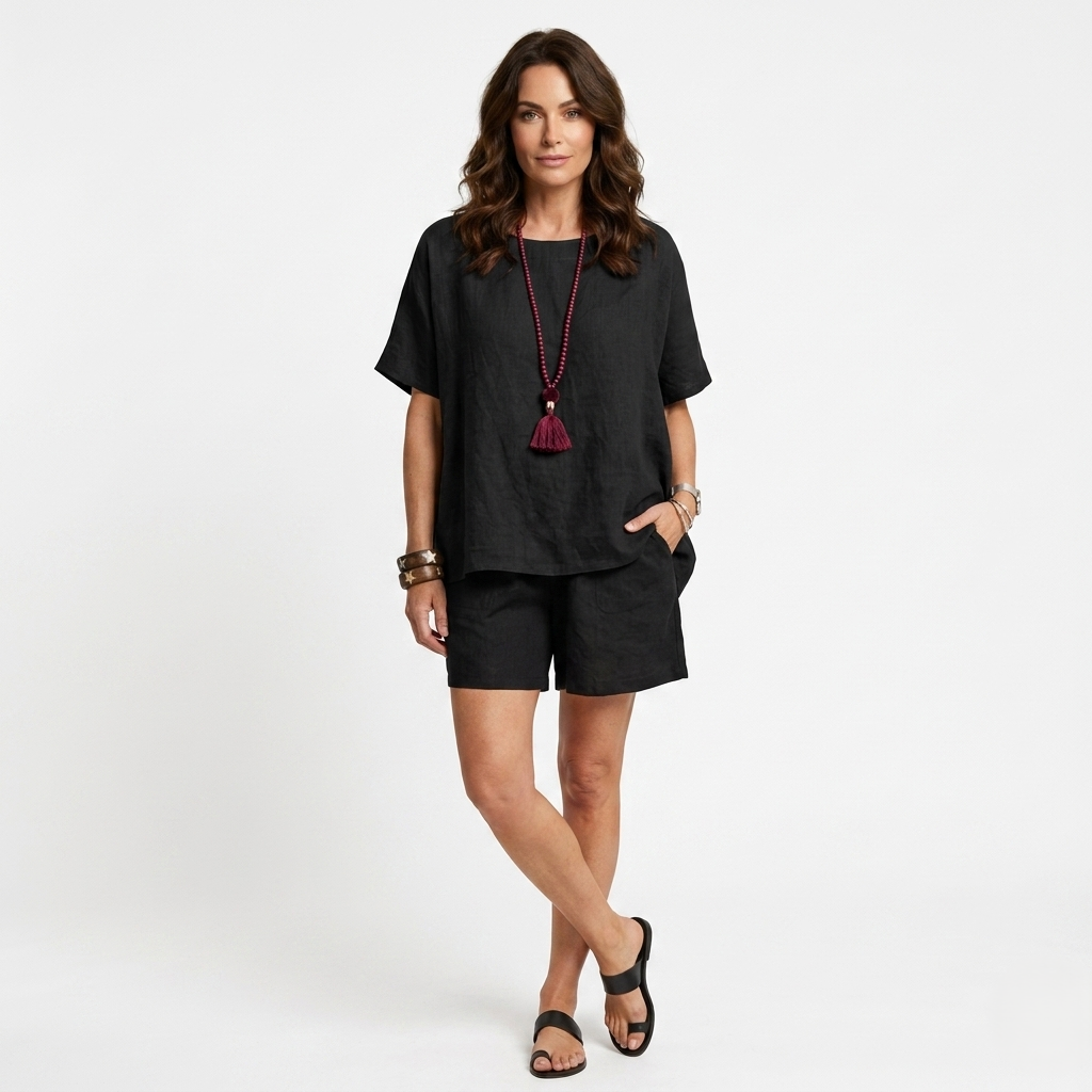 Oldevaine | Two Piece High-Low Hem Top and Linen Blend Shorts Set