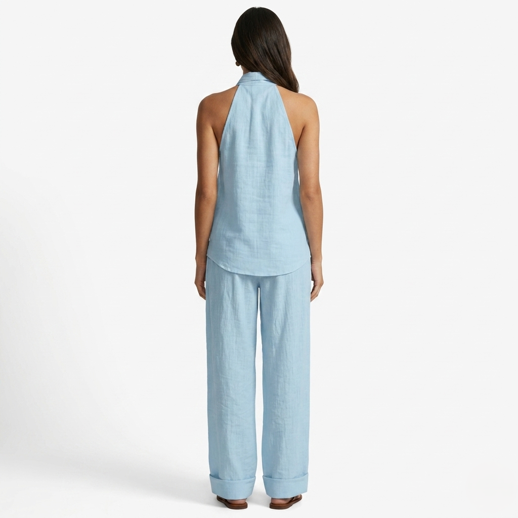 Oldevaine | Two Piece Loose Fit Linen V-Neck Sleeveless Top and Wide Leg Pants Set