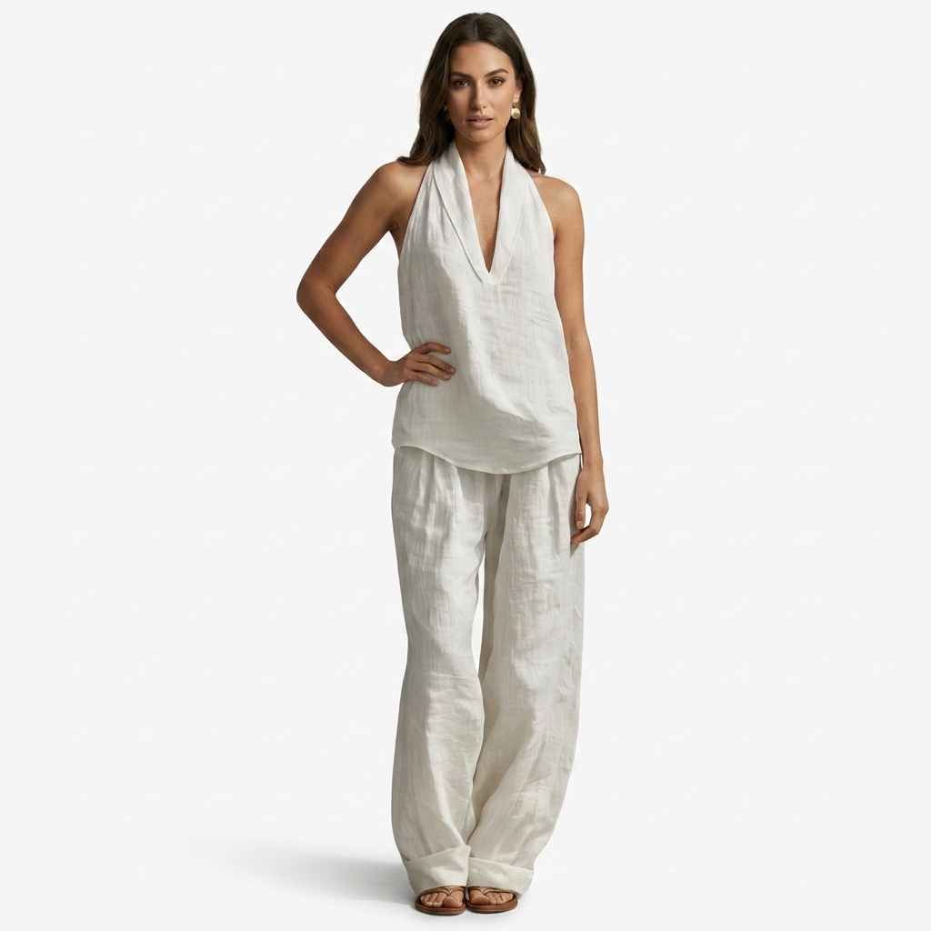 Oldevaine | Two Piece Loose Fit Linen V-Neck Sleeveless Top and Wide Leg Pants Set