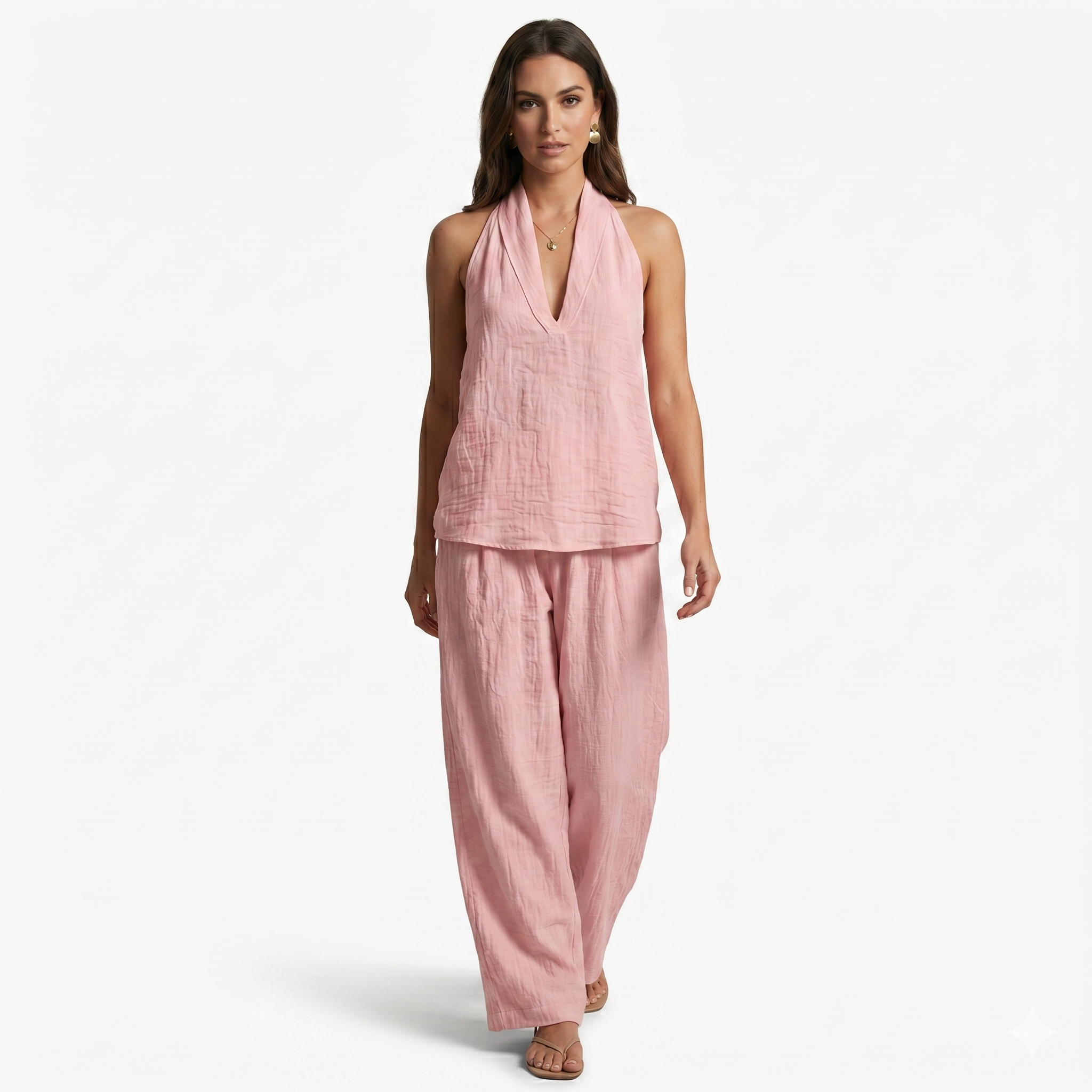 Oldevaine | Two Piece Loose Fit Linen V-Neck Sleeveless Top and Wide Leg Pants Set