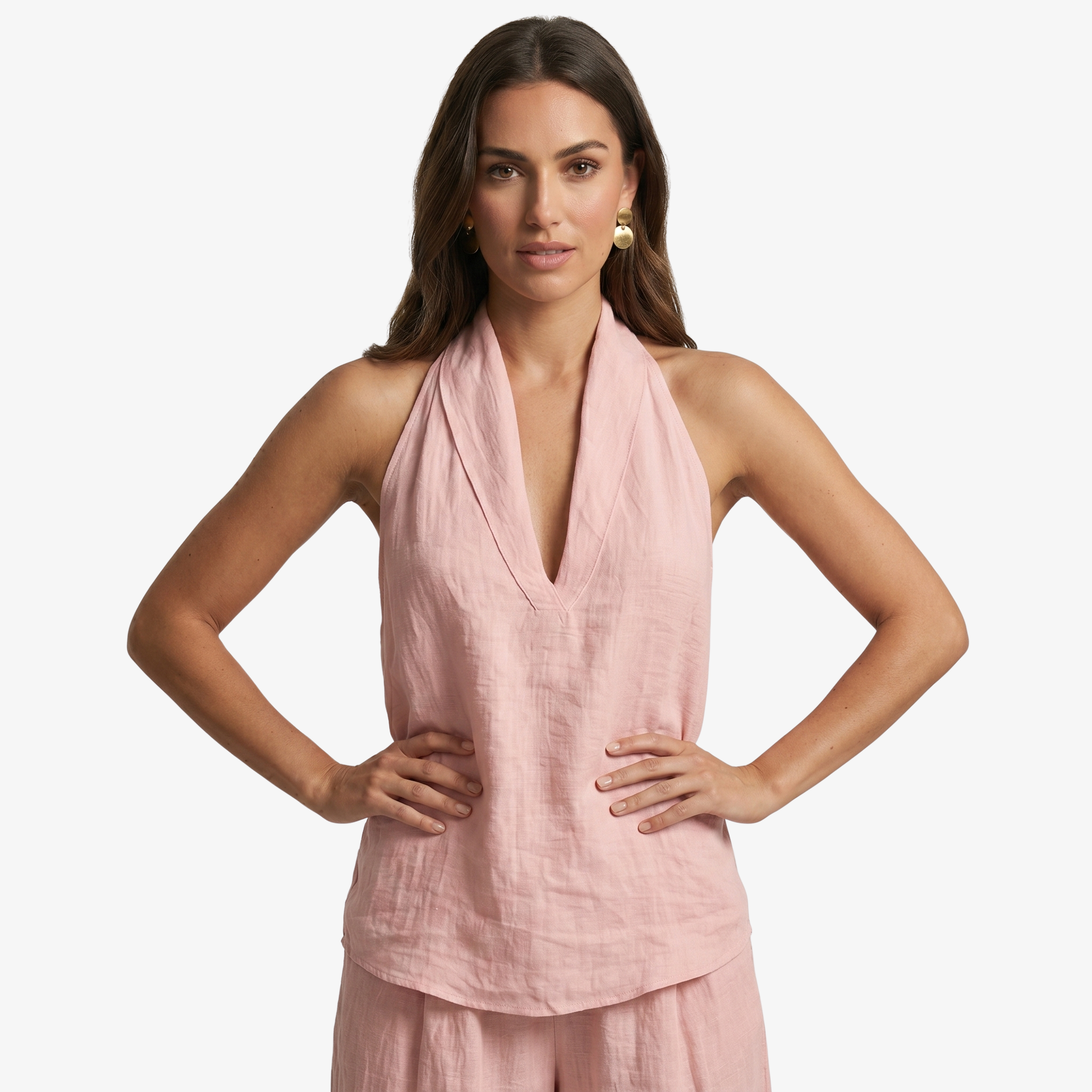 Oldevaine | Two Piece Loose Fit Linen V-Neck Sleeveless Top and Wide Leg Pants Set