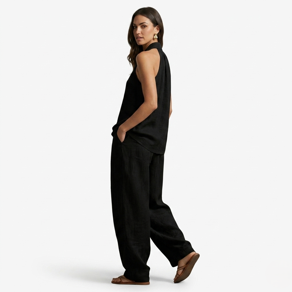 Oldevaine | Two Piece Loose Fit Linen V-Neck Sleeveless Top and Wide Leg Pants Set
