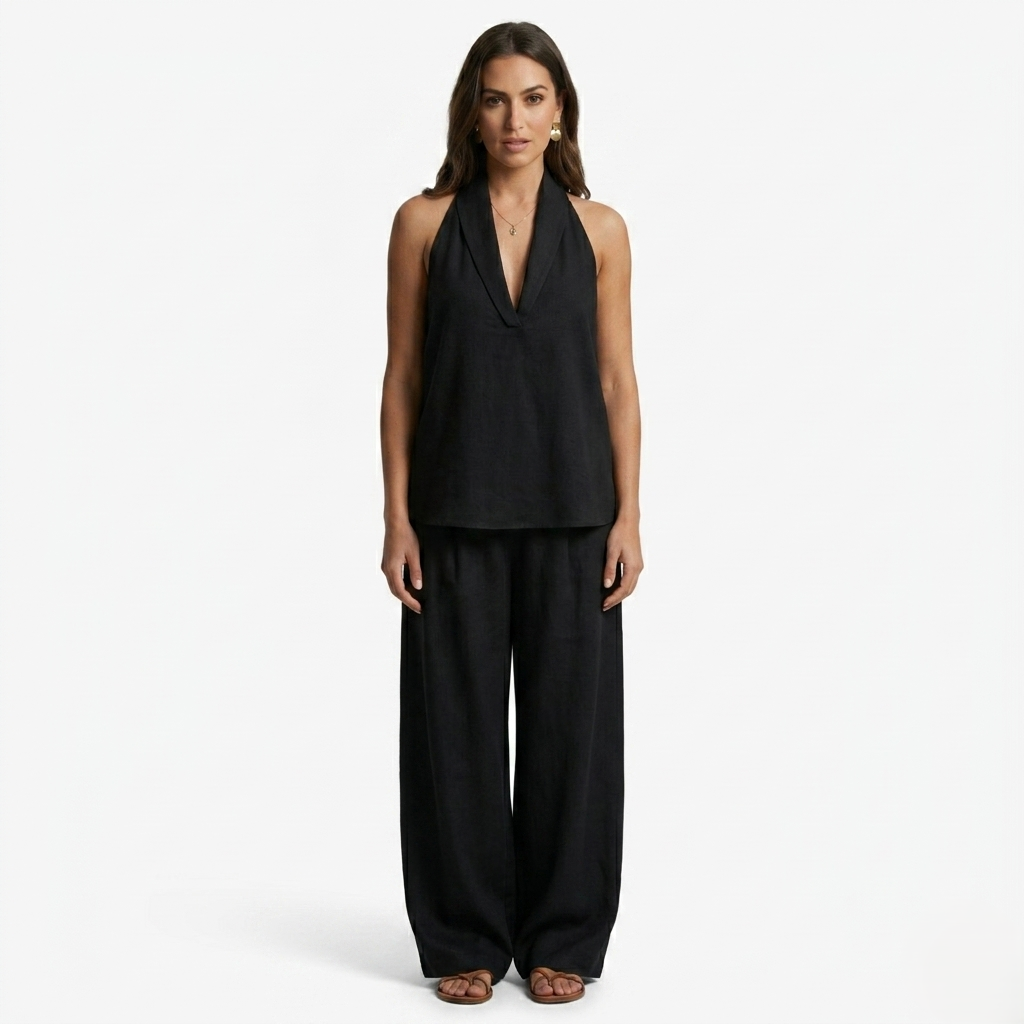 Oldevaine | Two Piece Loose Fit Linen V-Neck Sleeveless Top and Wide Leg Pants Set