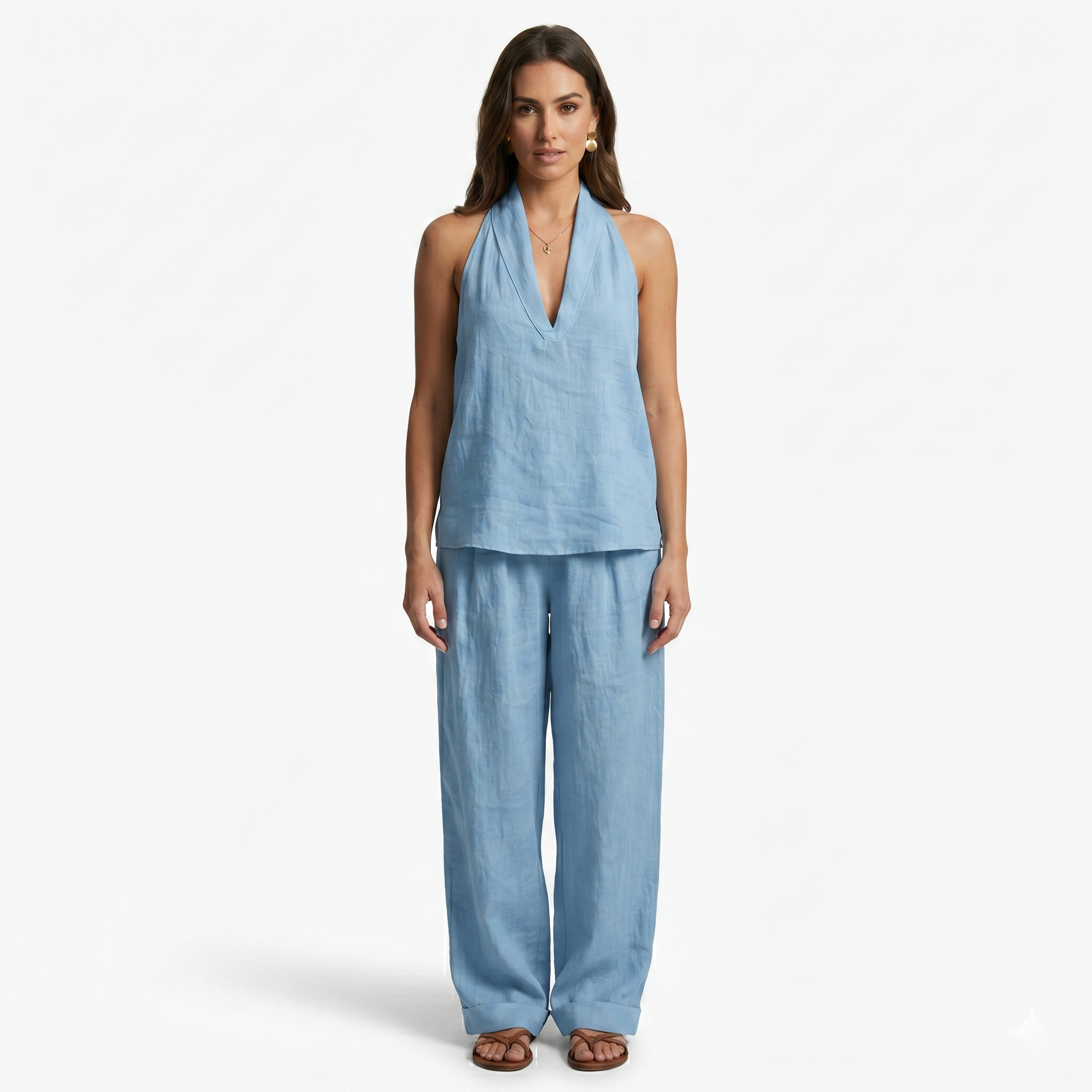 Oldevaine | Two Piece Loose Fit Linen V-Neck Sleeveless Top and Wide Leg Pants Set