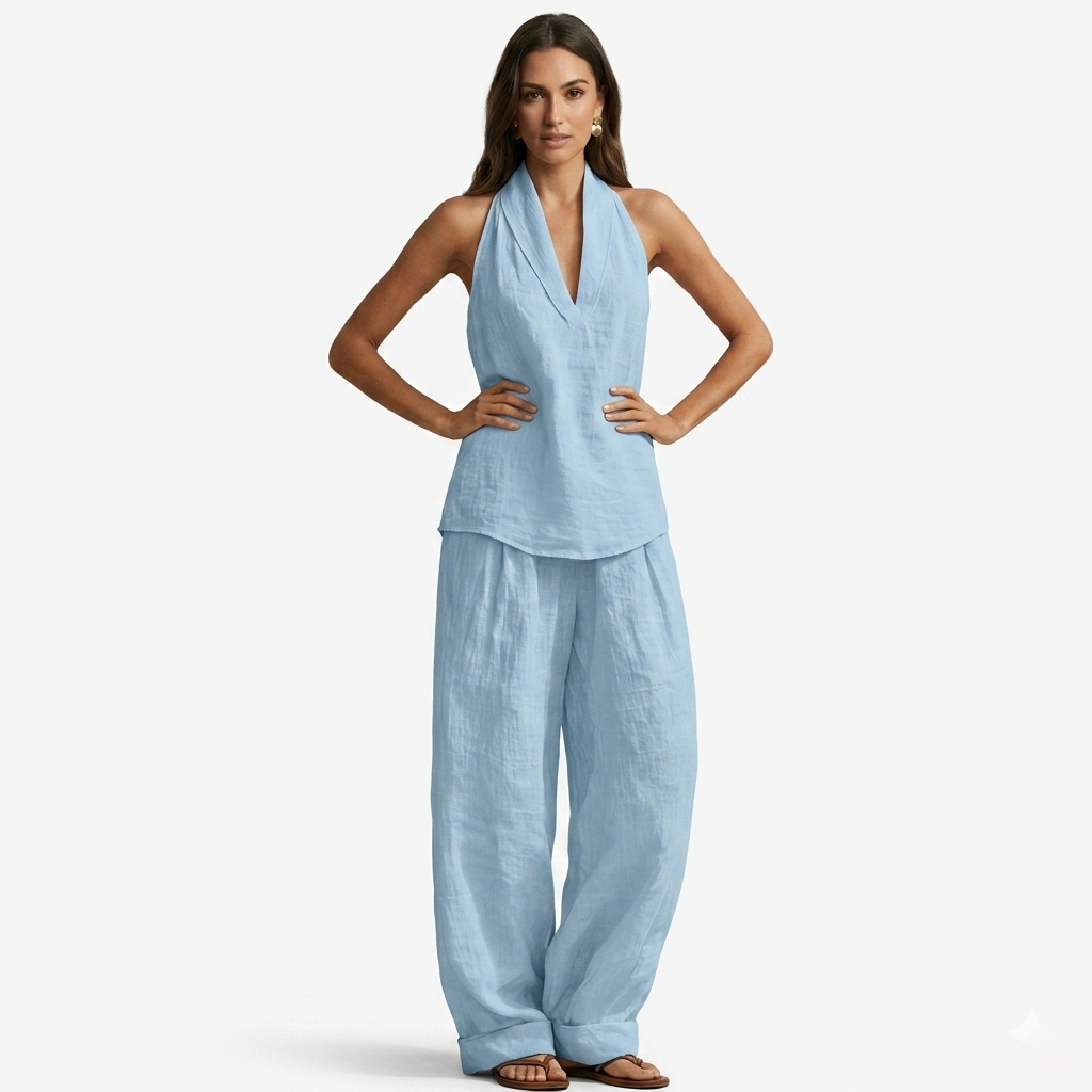 Oldevaine | Two Piece Loose Fit Linen V-Neck Sleeveless Top and Wide Leg Pants Set