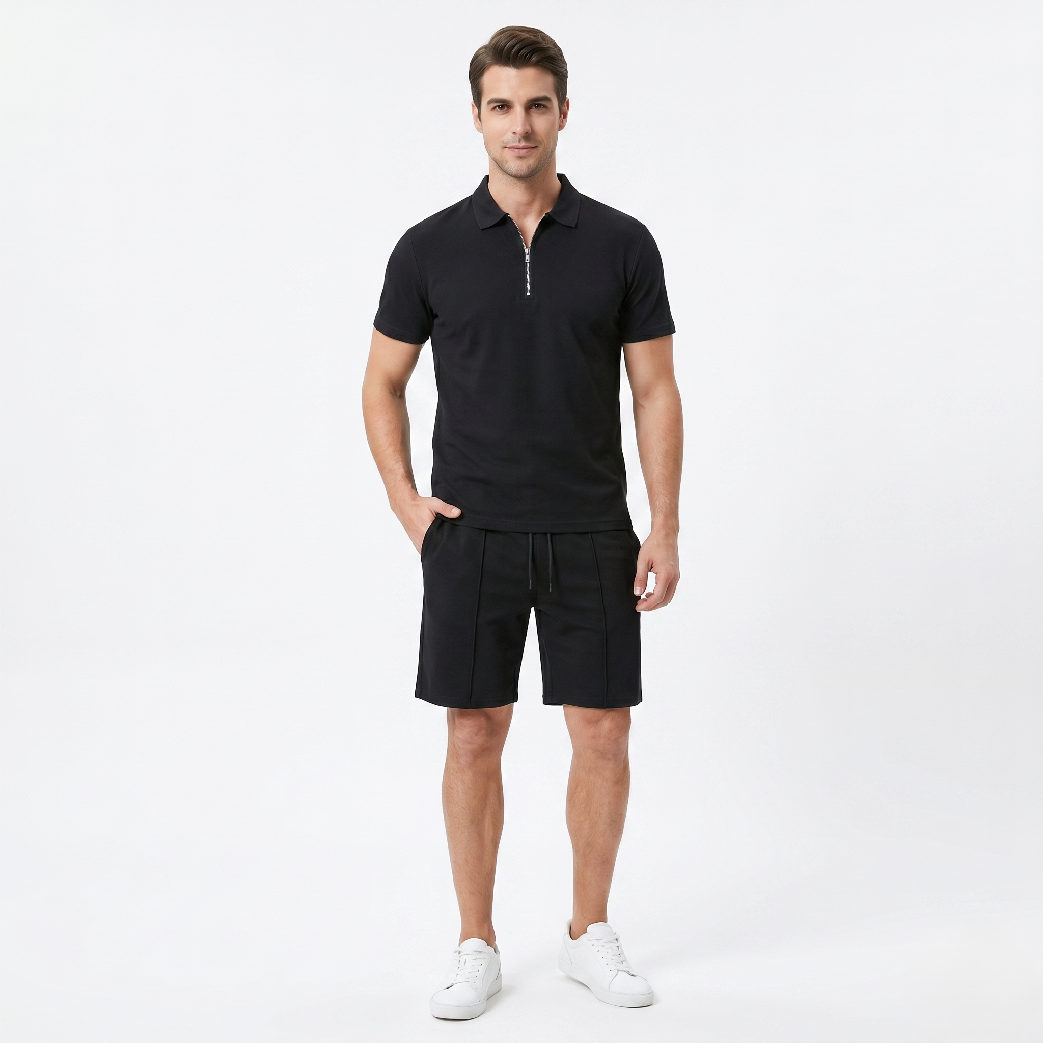 Oldevaine | Two Piece Men's Zip Polo T-Shirt & Drawstring Shorts Set