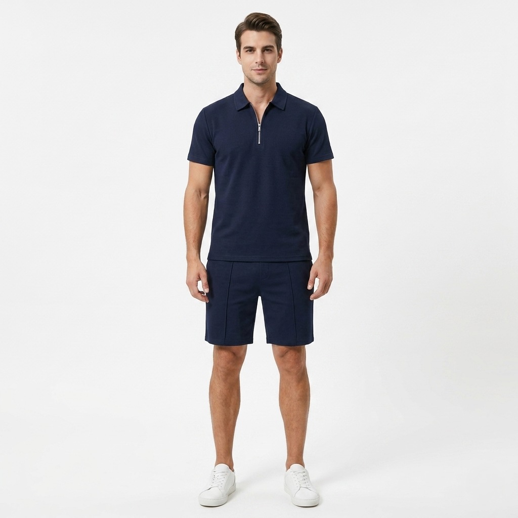 Oldevaine | Two Piece Men's Zip Polo T-Shirt & Drawstring Shorts Set