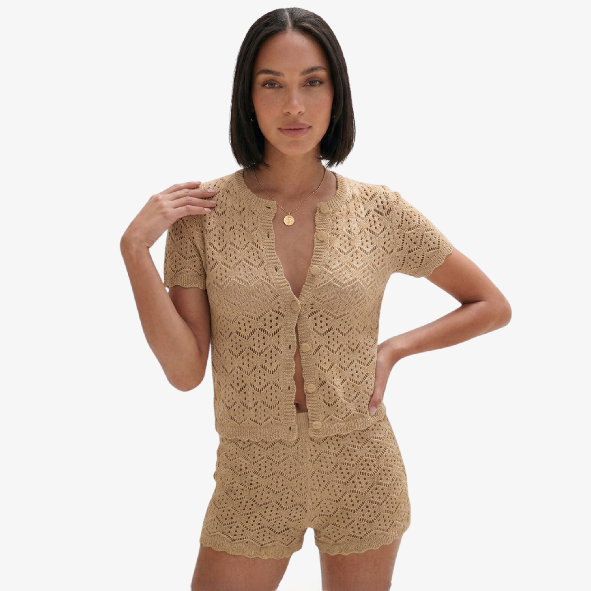 Oldevaine | Two Piece Pointelle Knit Cardigan and Shorts Set