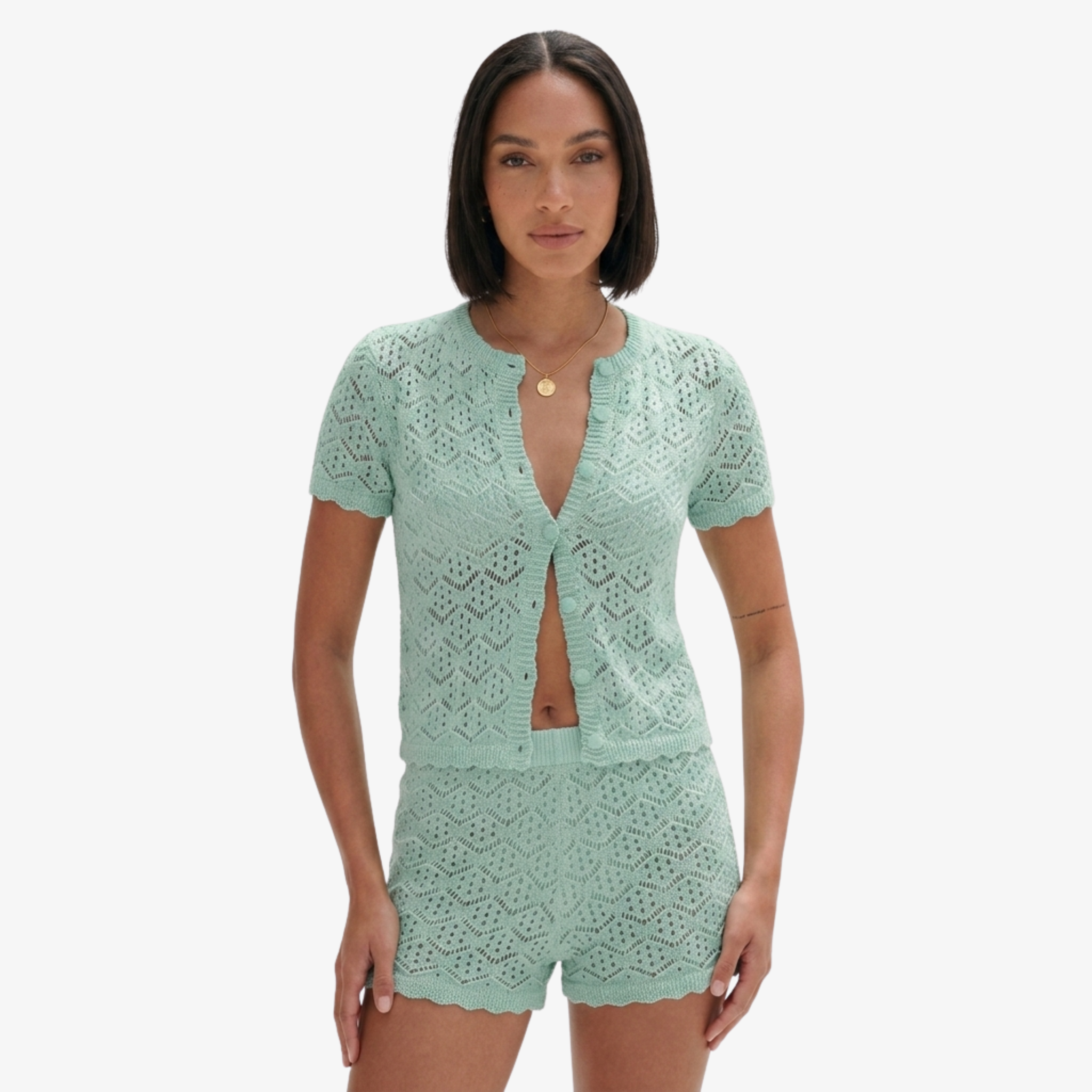 Oldevaine | Two Piece Pointelle Knit Cardigan and Shorts Set
