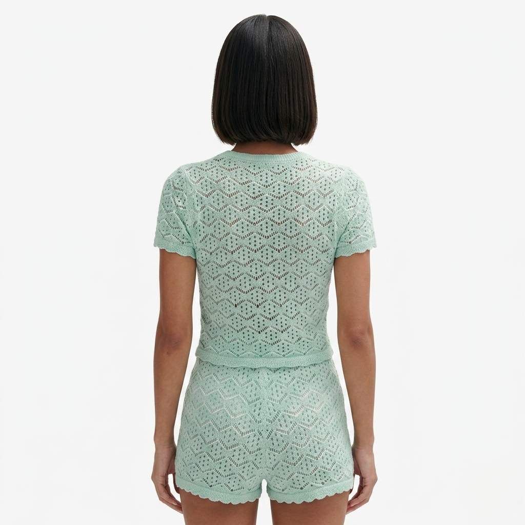 Oldevaine | Two Piece Pointelle Knit Cardigan and Shorts Set