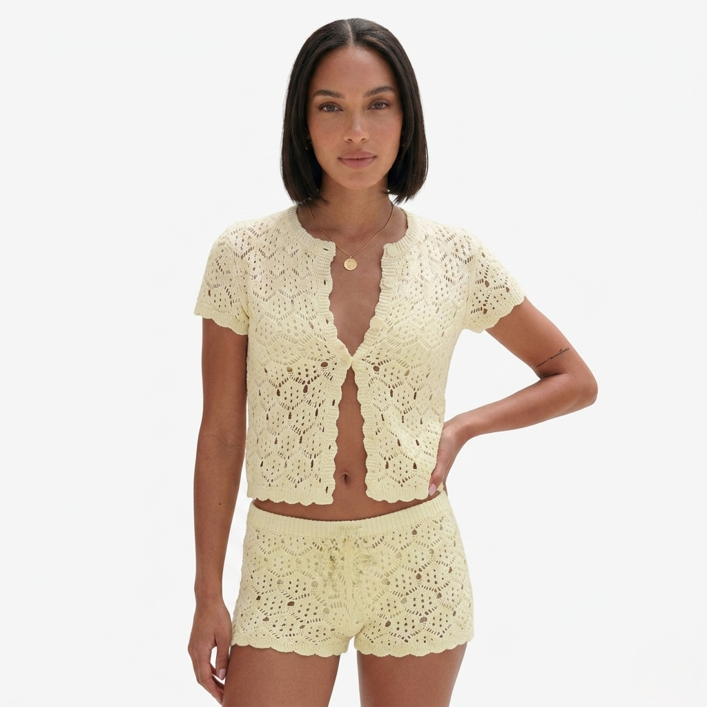 Oldevaine | Two Piece Pointelle Knit Cardigan and Shorts Set