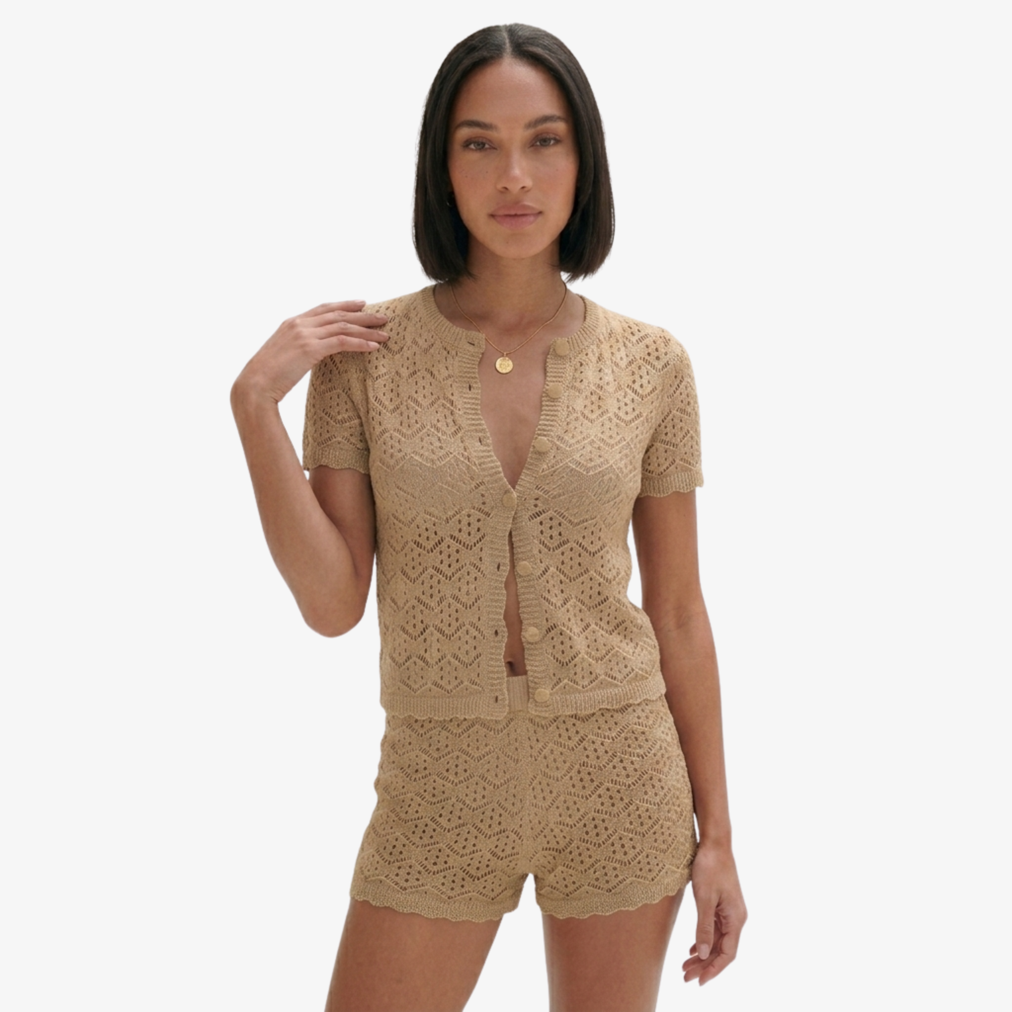 Oldevaine | Two Piece Pointelle Knit Cardigan and Shorts Set