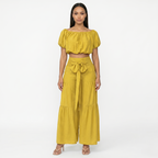 Oldevaine | Two Piece Puff Sleeve Off Shoulder Top and Wide Leg Waist Tie Pants Set