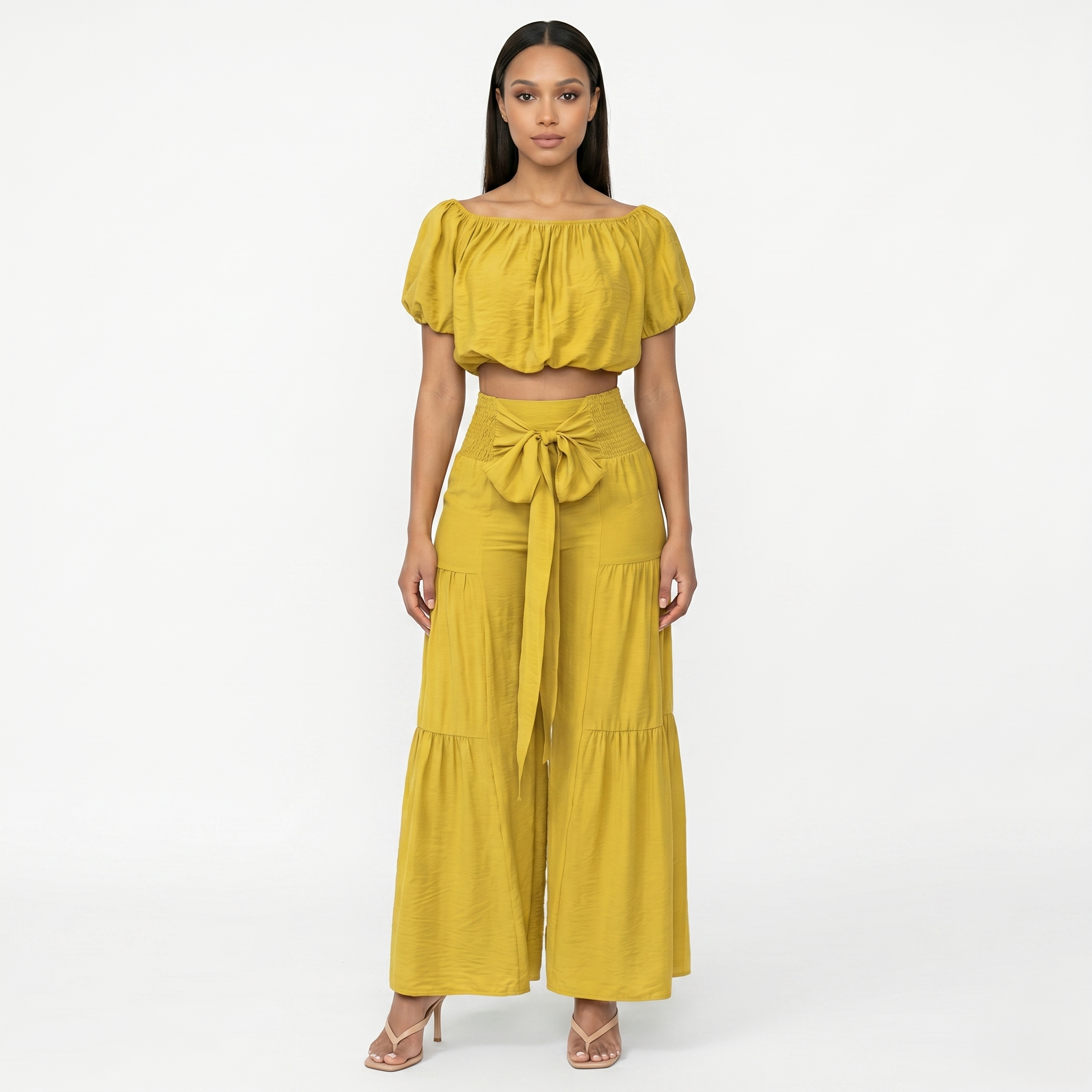 Oldevaine | Two Piece Puff Sleeve Off Shoulder Top and Wide Leg Waist Tie Pants Set