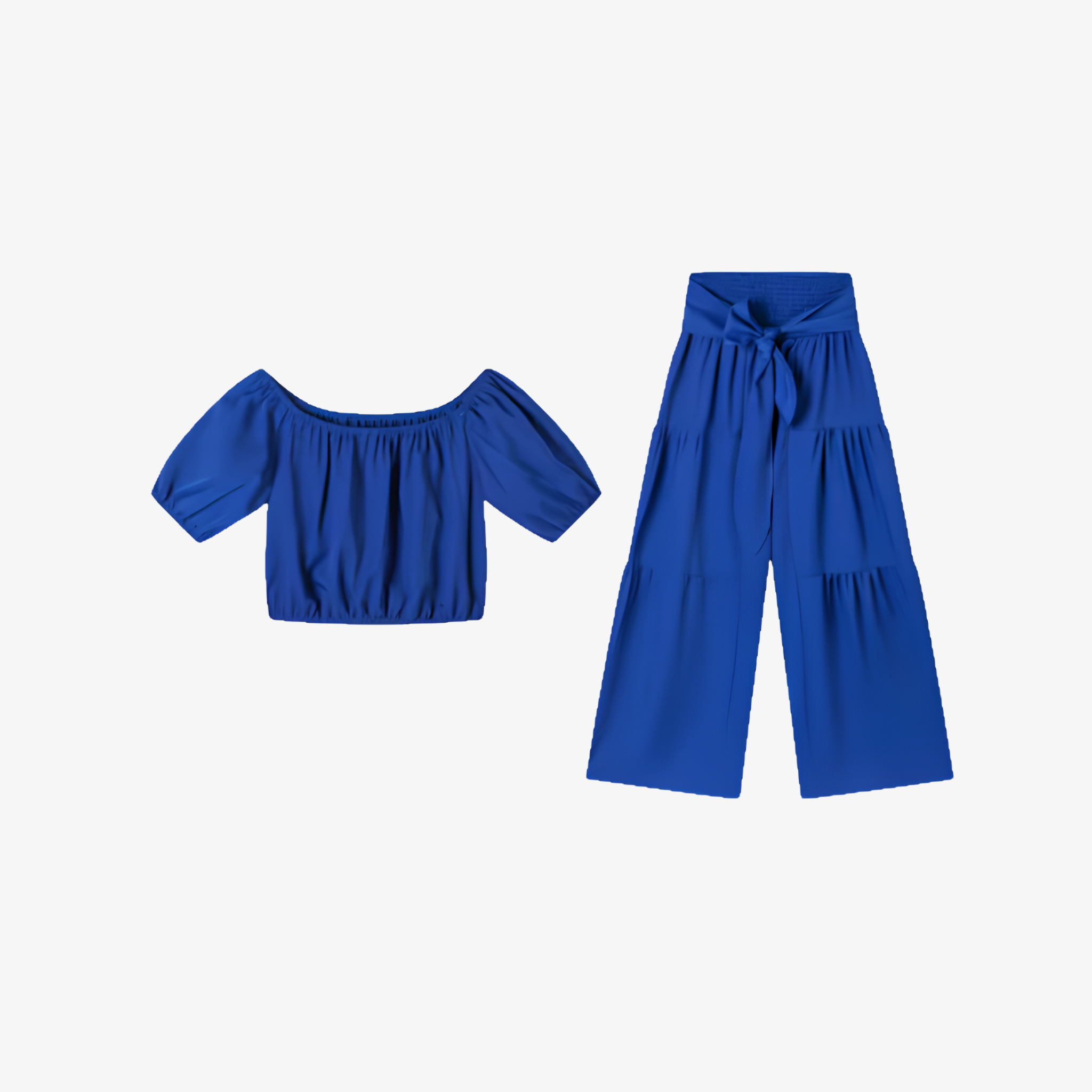 Oldevaine | Two Piece Puff Sleeve Off Shoulder Top and Wide Leg Waist Tie Pants Set