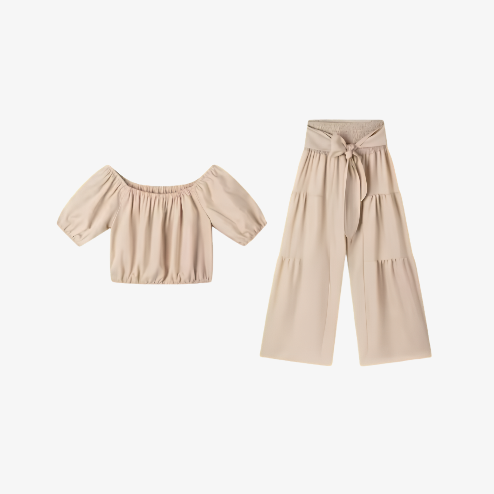 Oldevaine | Two Piece Puff Sleeve Off Shoulder Top and Wide Leg Waist Tie Pants Set