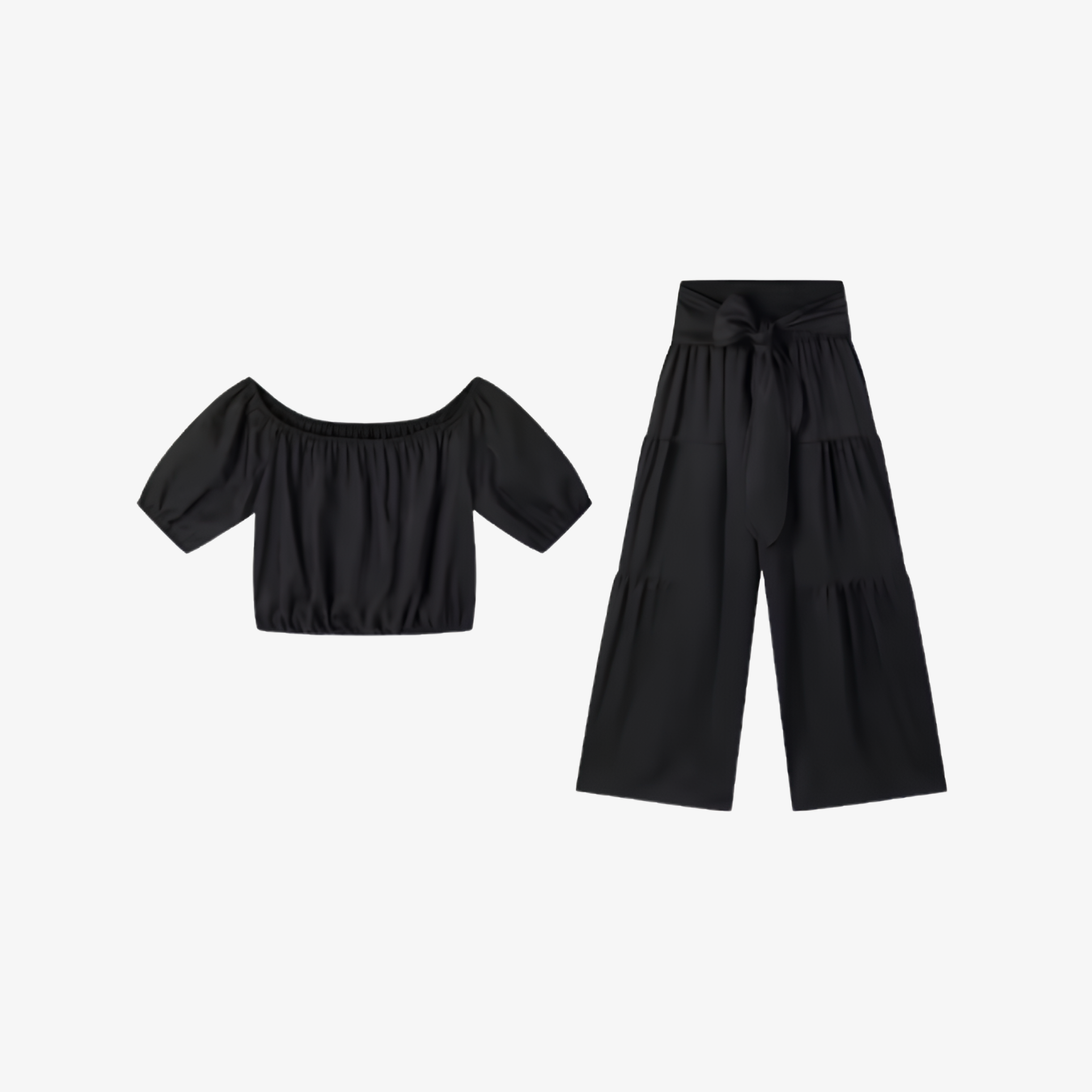 Oldevaine | Two Piece Puff Sleeve Off Shoulder Top and Wide Leg Waist Tie Pants Set