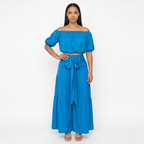Oldevaine | Two Piece Puff Sleeve Off Shoulder Top and Wide Leg Waist Tie Pants Set