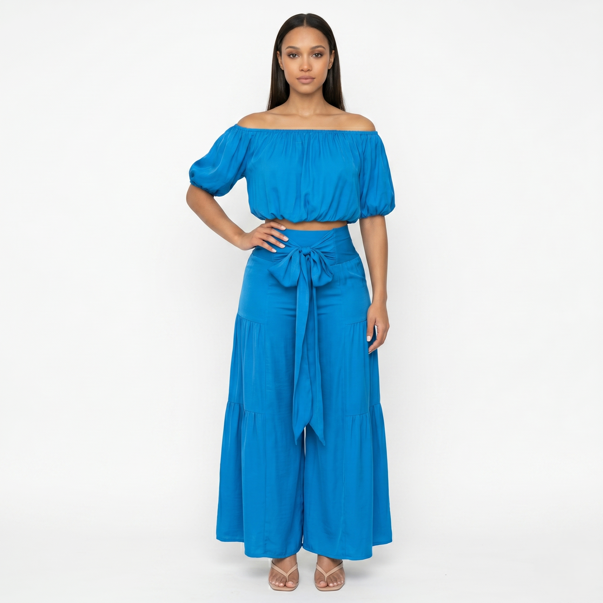 Oldevaine | Two Piece Puff Sleeve Off Shoulder Top and Wide Leg Waist Tie Pants Set