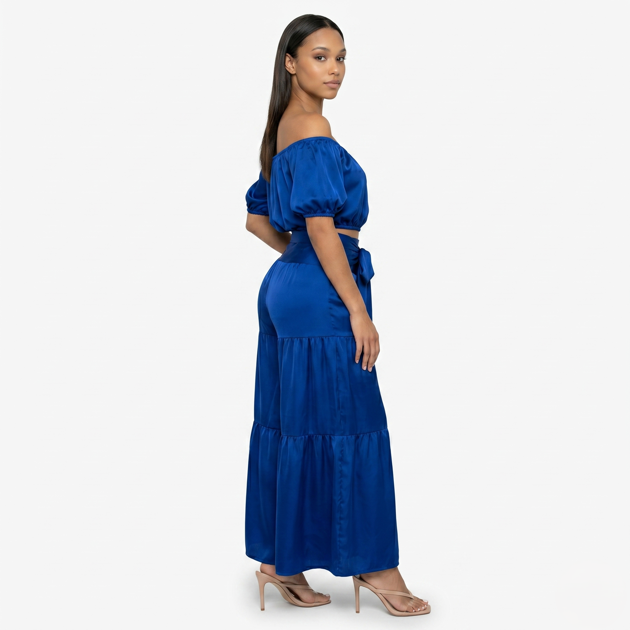 Oldevaine | Two Piece Puff Sleeve Off Shoulder Top and Wide Leg Waist Tie Pants Set