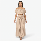 Oldevaine | Two Piece Puff Sleeve Off Shoulder Top and Wide Leg Waist Tie Pants Set