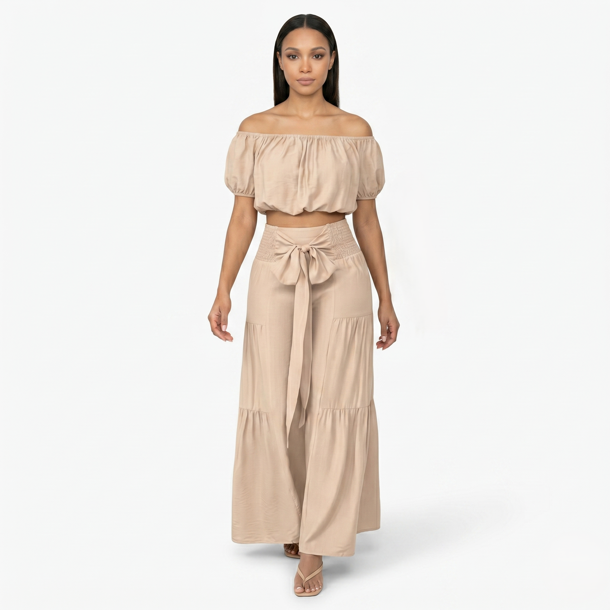 Oldevaine | Two Piece Puff Sleeve Off Shoulder Top and Wide Leg Waist Tie Pants Set