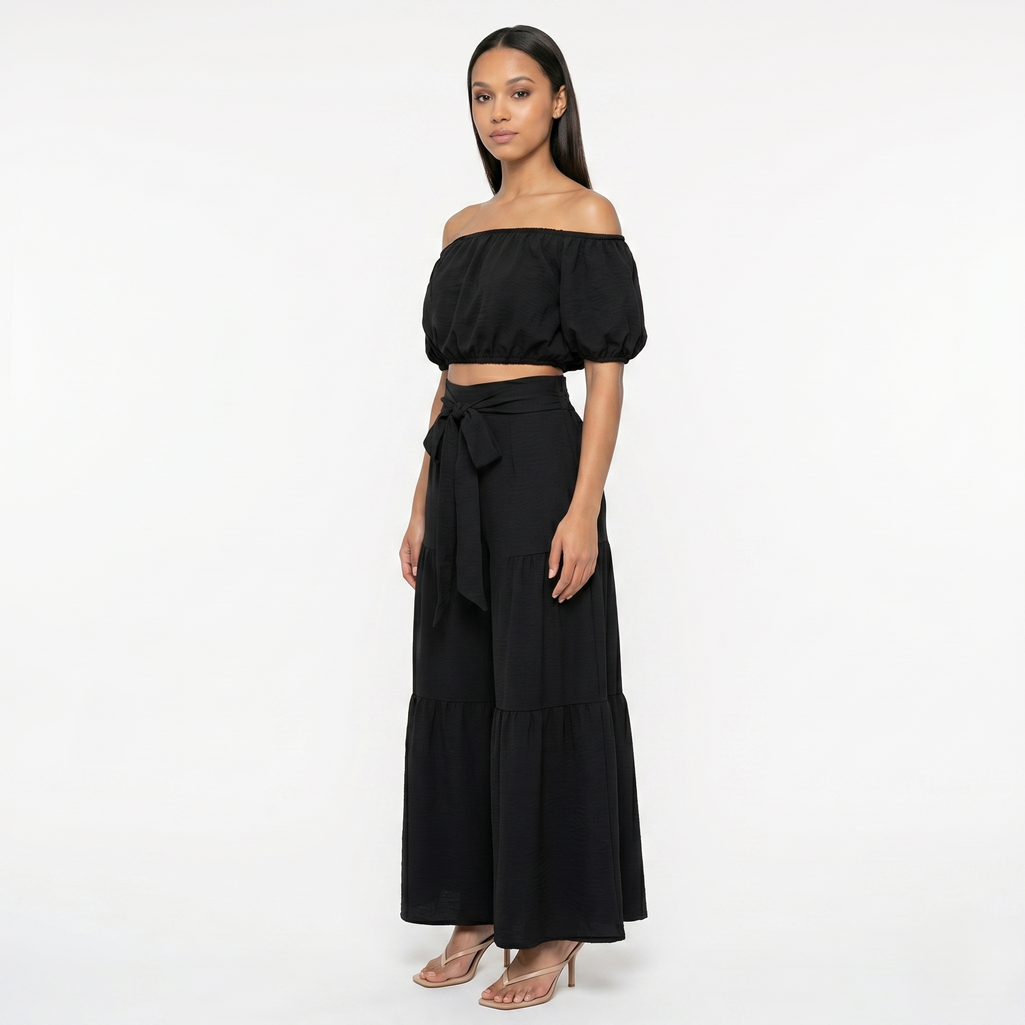Oldevaine | Two Piece Puff Sleeve Off Shoulder Top and Wide Leg Waist Tie Pants Set