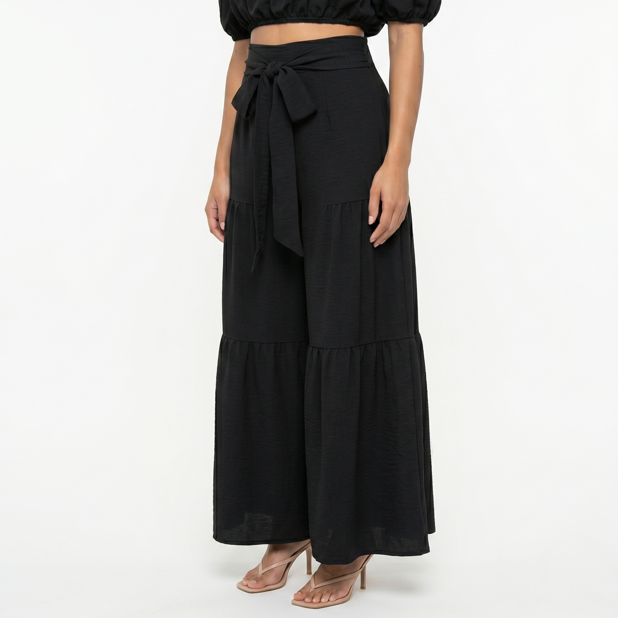Oldevaine | Two Piece Puff Sleeve Off Shoulder Top and Wide Leg Waist Tie Pants Set