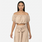 Oldevaine | Two Piece Puff Sleeve Off Shoulder Top and Wide Leg Waist Tie Pants Set