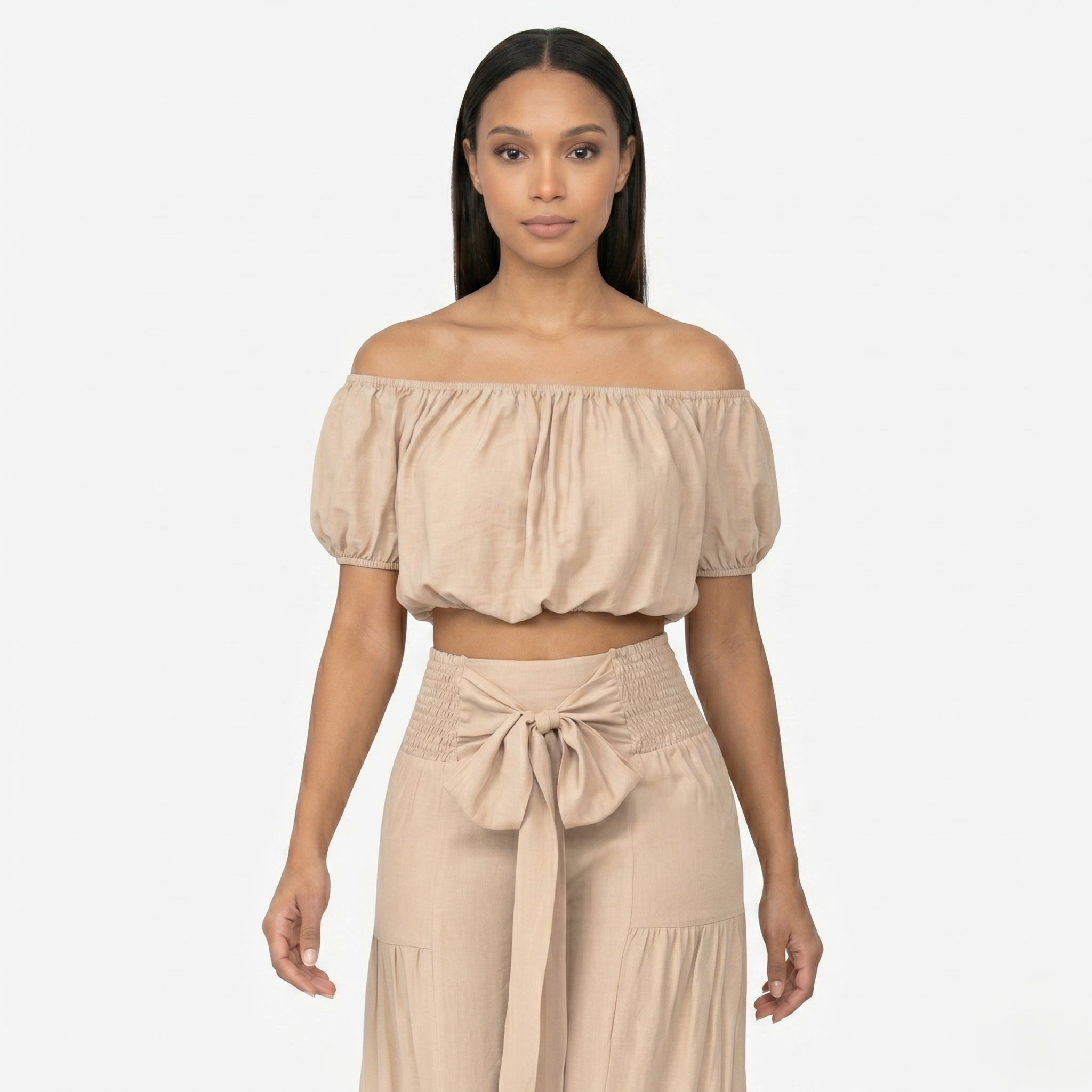 Oldevaine | Two Piece Puff Sleeve Off Shoulder Top and Wide Leg Waist Tie Pants Set