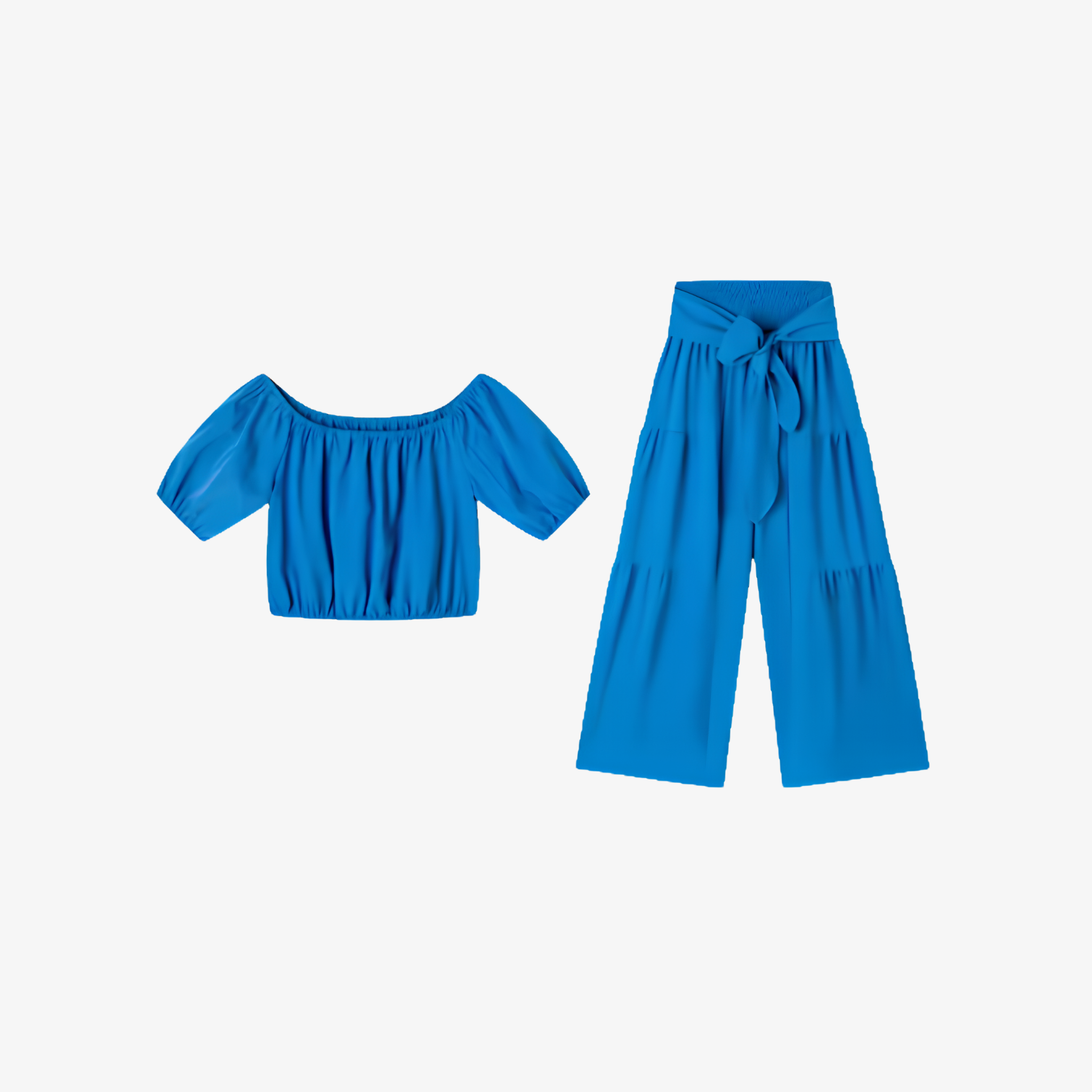 Oldevaine | Two Piece Puff Sleeve Off Shoulder Top and Wide Leg Waist Tie Pants Set