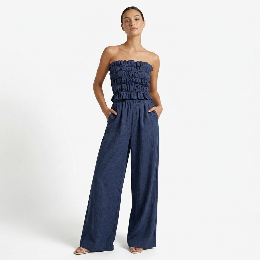 Oldevaine | Two Piece Shirred Bandeau Top and Wide Leg Trousers Set