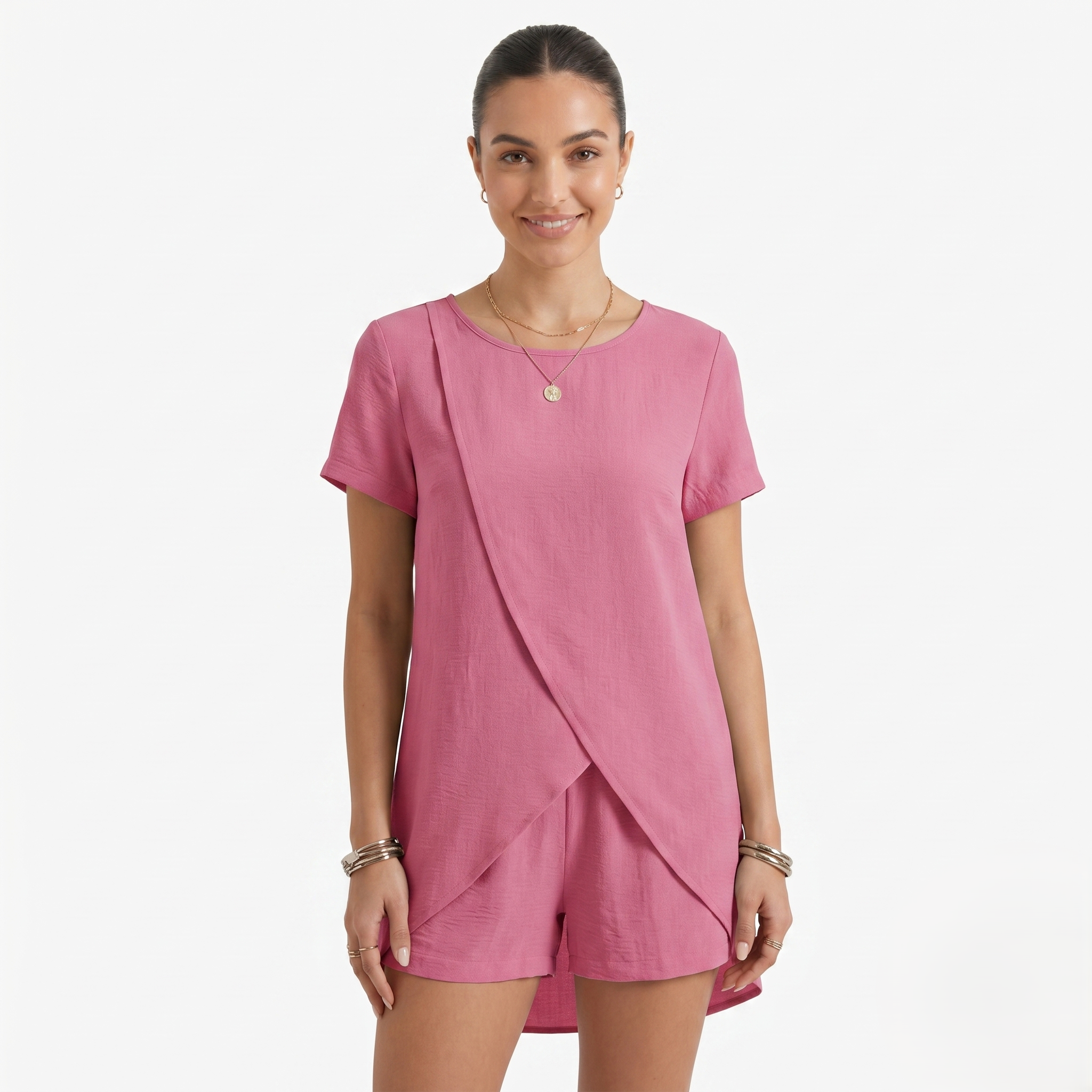 Oldevaine | Two Piece Short Sleeve Layered Top and Shorts Lounge Set