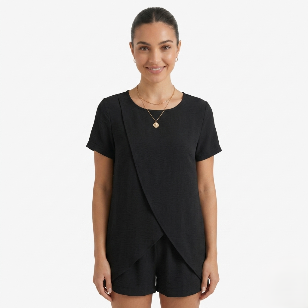 Oldevaine | Two Piece Short Sleeve Layered Top and Shorts Lounge Set