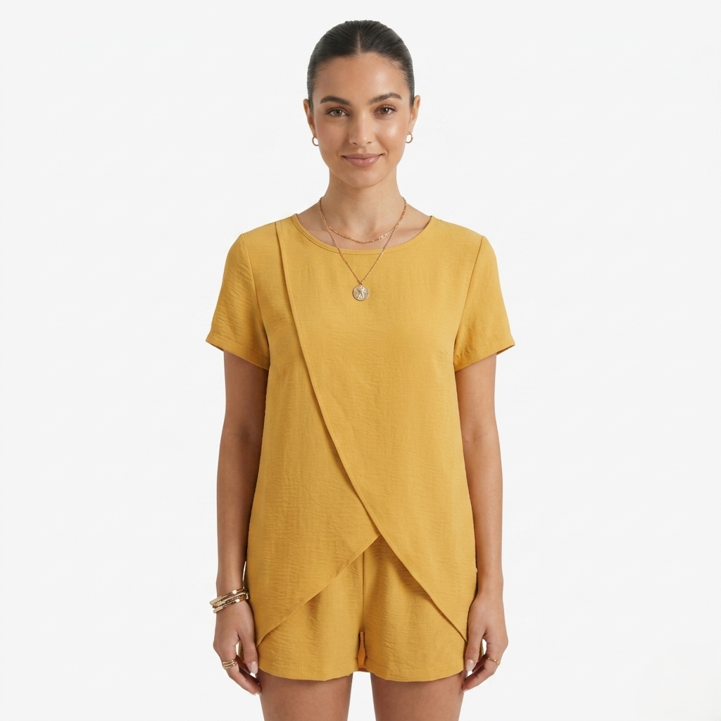 Oldevaine | Two Piece Short Sleeve Layered Top and Shorts Lounge Set
