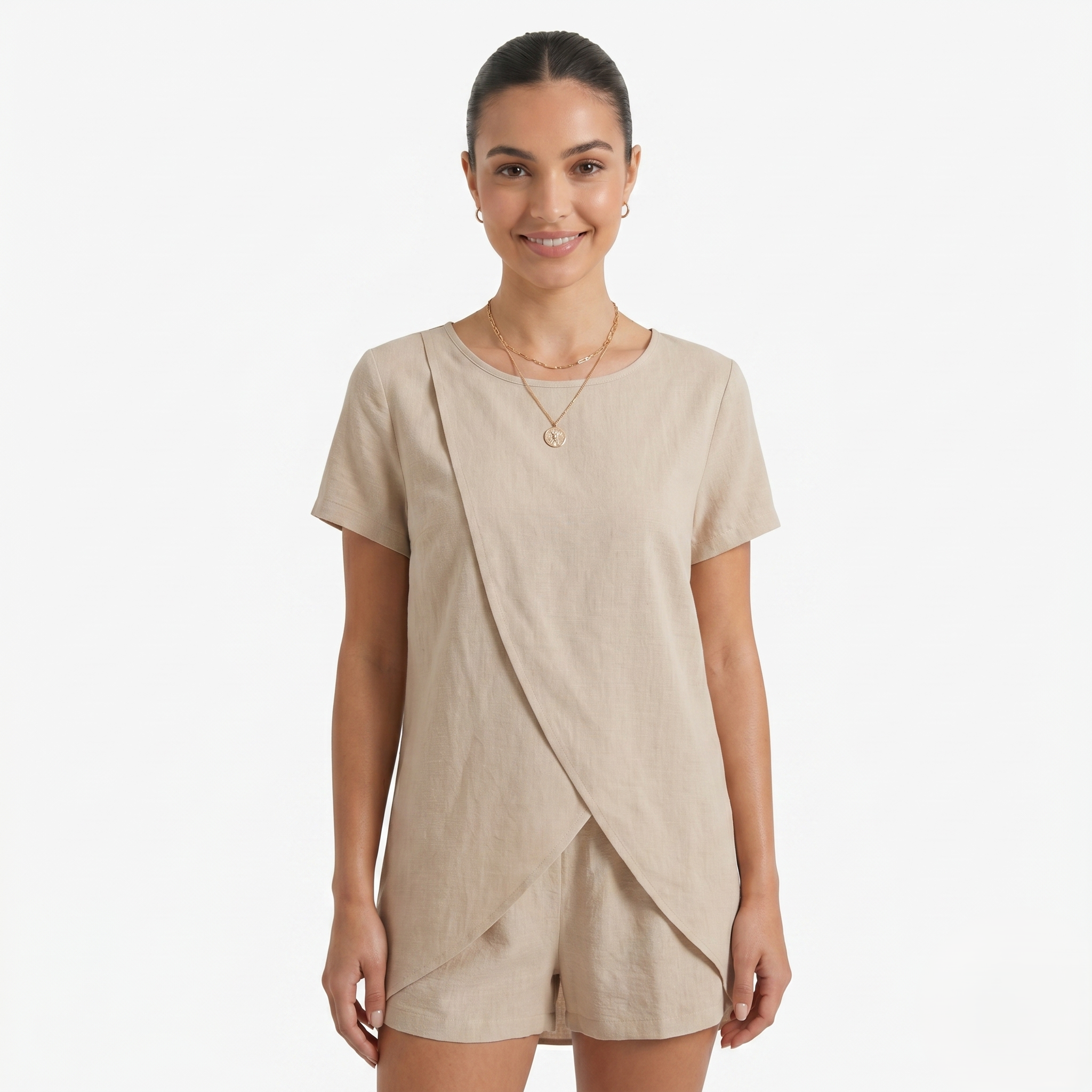 Oldevaine | Two Piece Short Sleeve Layered Top and Shorts Lounge Set