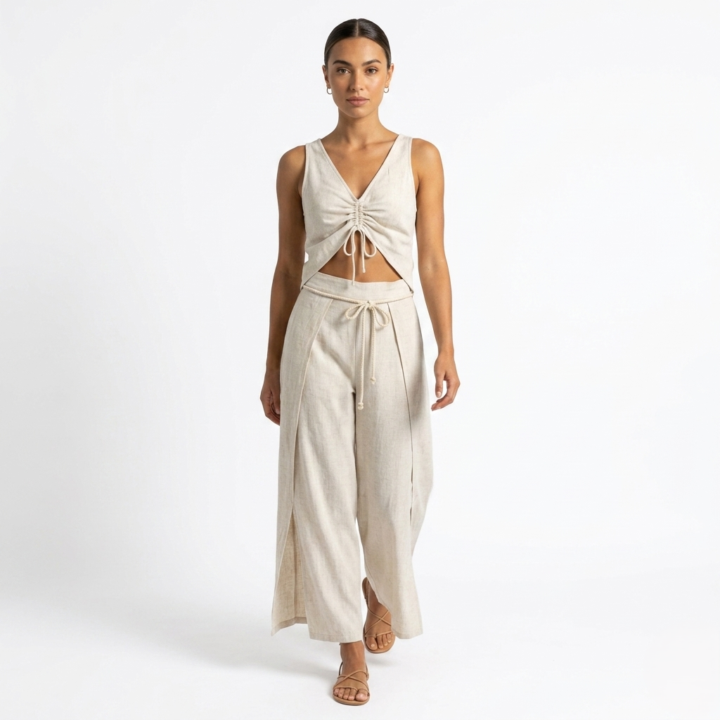 Oldevaine | Two Piece Sleeveless Drawstring Top and Wide Leg Trousers Set