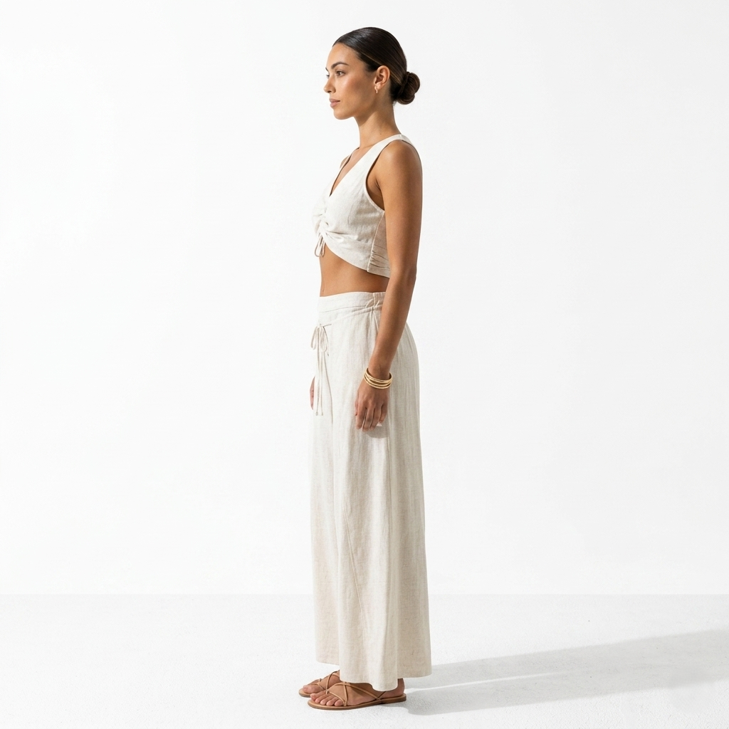 Oldevaine | Two Piece Sleeveless Drawstring Top and Wide Leg Trousers Set