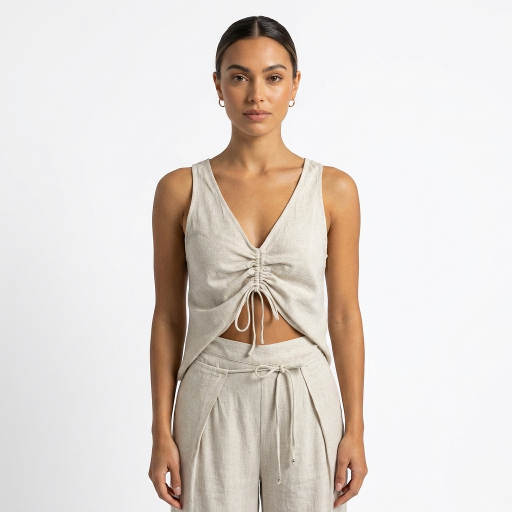 Oldevaine | Two Piece Sleeveless Drawstring Top and Wide Leg Trousers Set