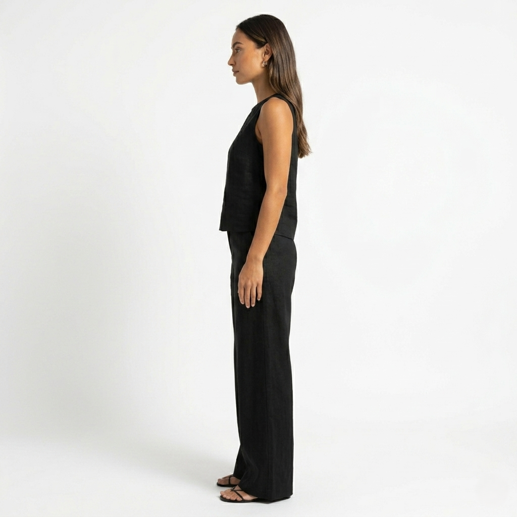Oldevaine | Two Piece Classic Sleeveless Round Neck Wide Leg Trousers Set