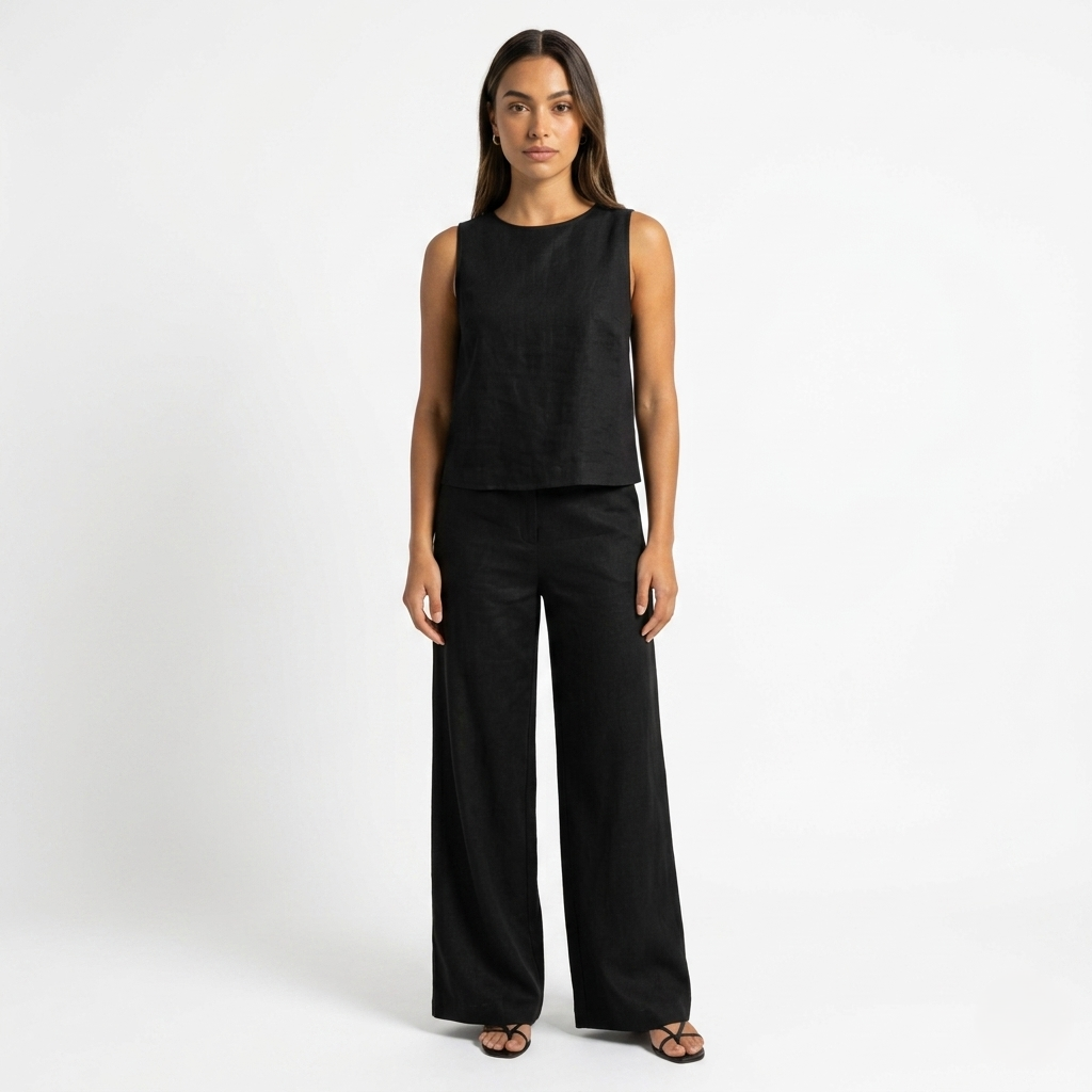 Oldevaine | Two Piece Classic Sleeveless Round Neck Wide Leg Trousers Set