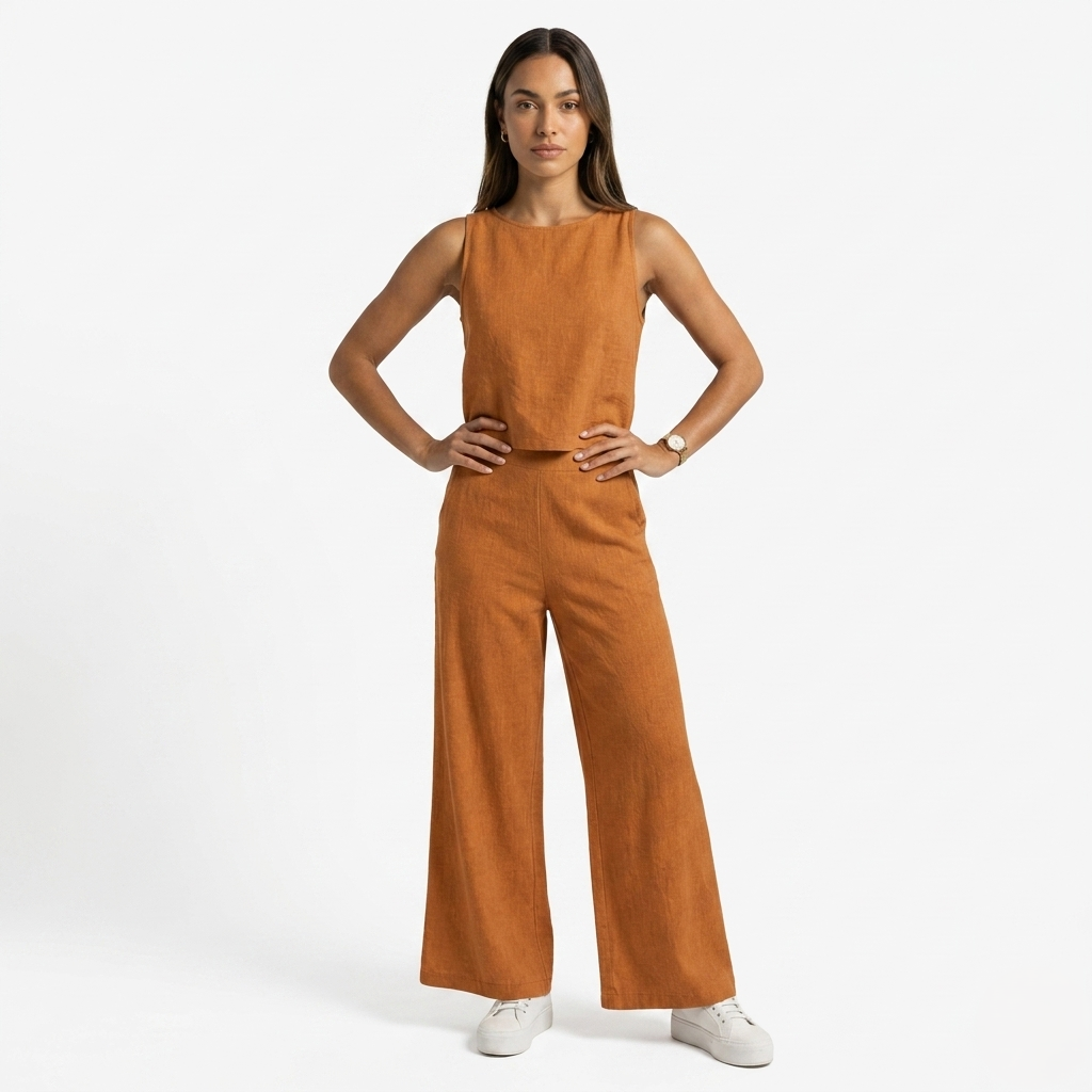 Oldevaine | Two Piece Classic Sleeveless Round Neck Wide Leg Trousers Set
