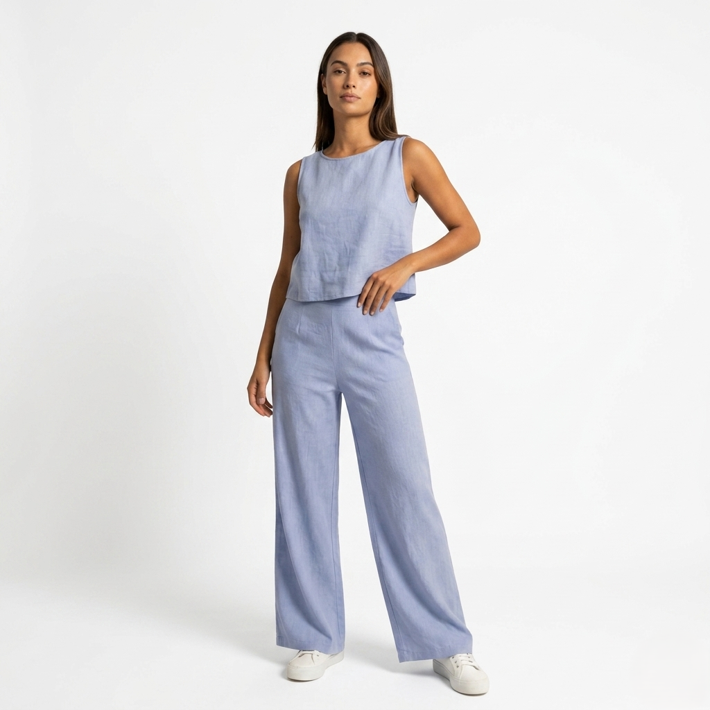 Oldevaine | Two Piece Classic Sleeveless Round Neck Wide Leg Trousers Set