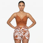 Oldevaine | Two Piece Twisted Front Cami and Printed High-Waisted Shorts Set