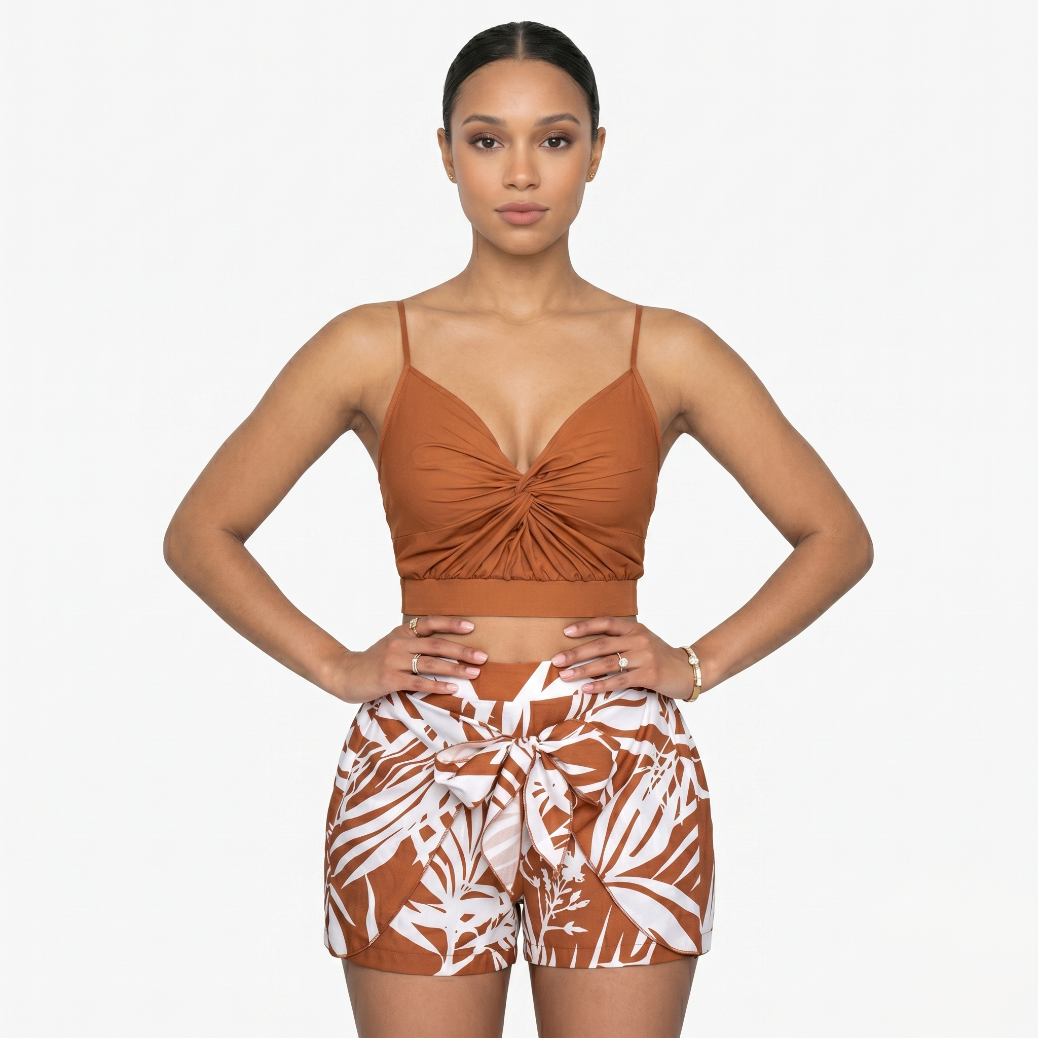 Oldevaine | Two Piece Twisted Front Cami and Printed High-Waisted Shorts Set