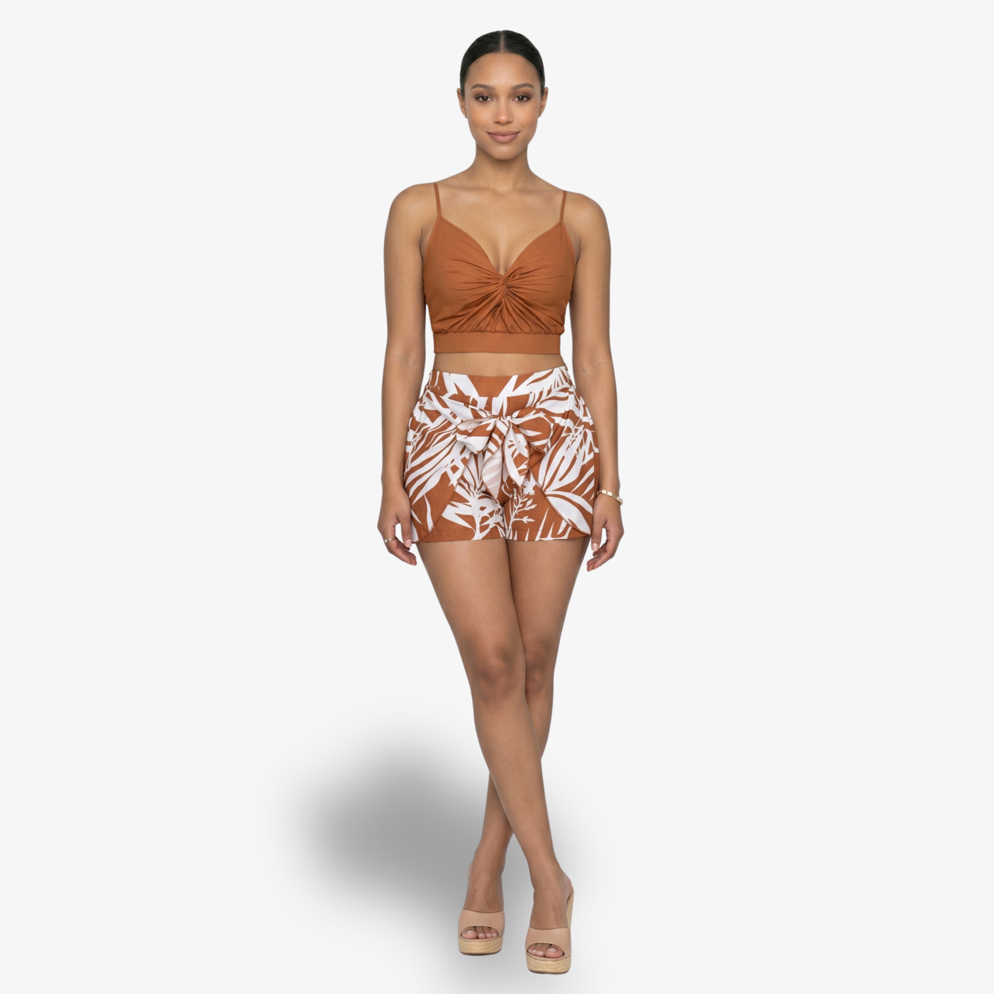 Oldevaine | Two Piece Twisted Front Cami and Printed High-Waisted Shorts Set