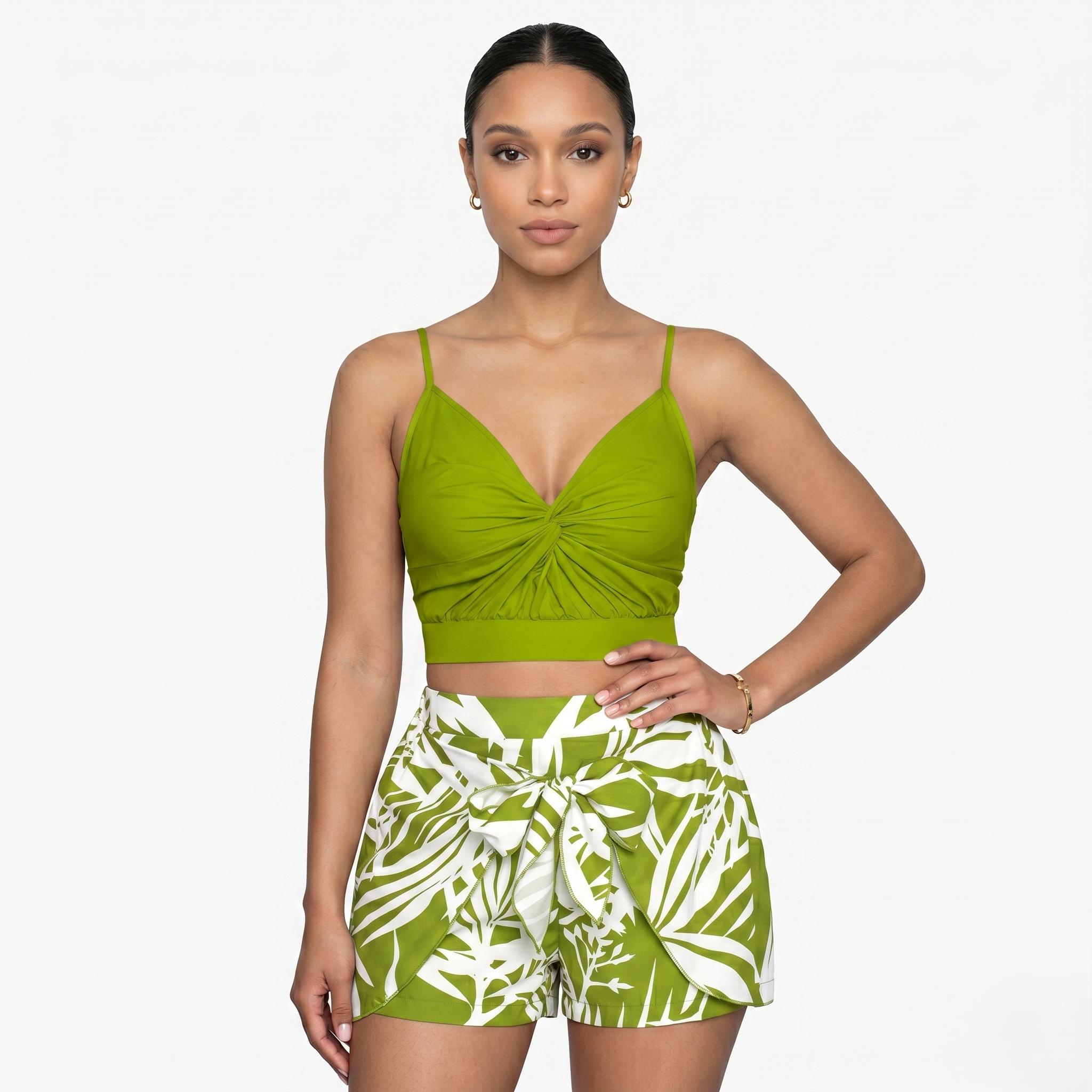 Oldevaine | Two Piece Twisted Front Cami and Printed High-Waisted Shorts Set